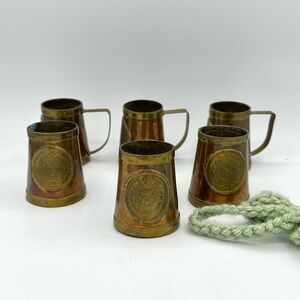 Set of 6 Antique Brass + Copper Aztec Mayan Calendar Mini Mug Shot Glasses